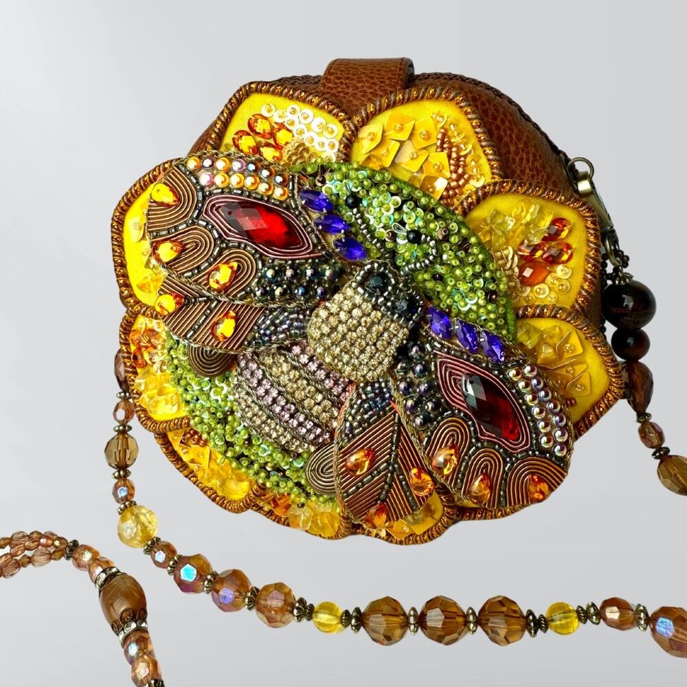Mary Frances Bee Happy Bumblebee Beaded Crystals & Gems Leather Purse